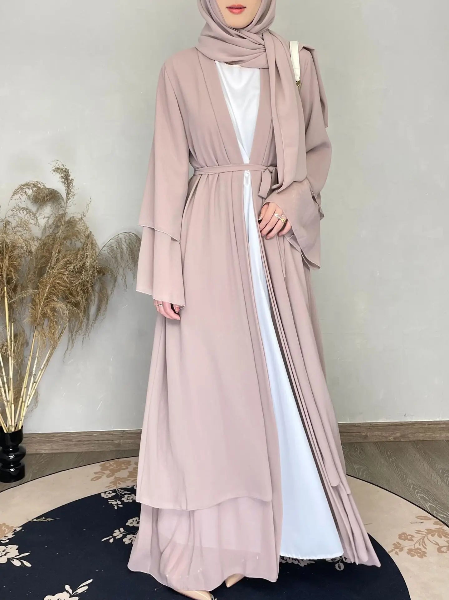 Chiffon Abaya Set with Matching Hijab & Belt - Ergosalah - Ergonomic padded prayer mat for knee support