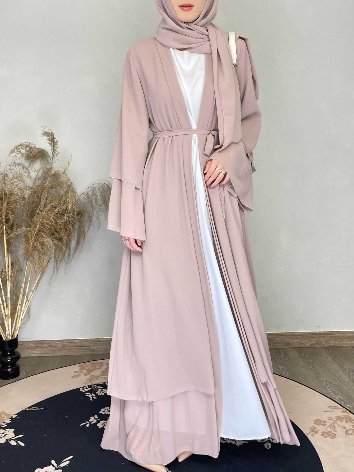 Chiffon Abaya Set with Matching Hijab & Belt - Ergosalah - Ergonomic padded prayer mat for knee support