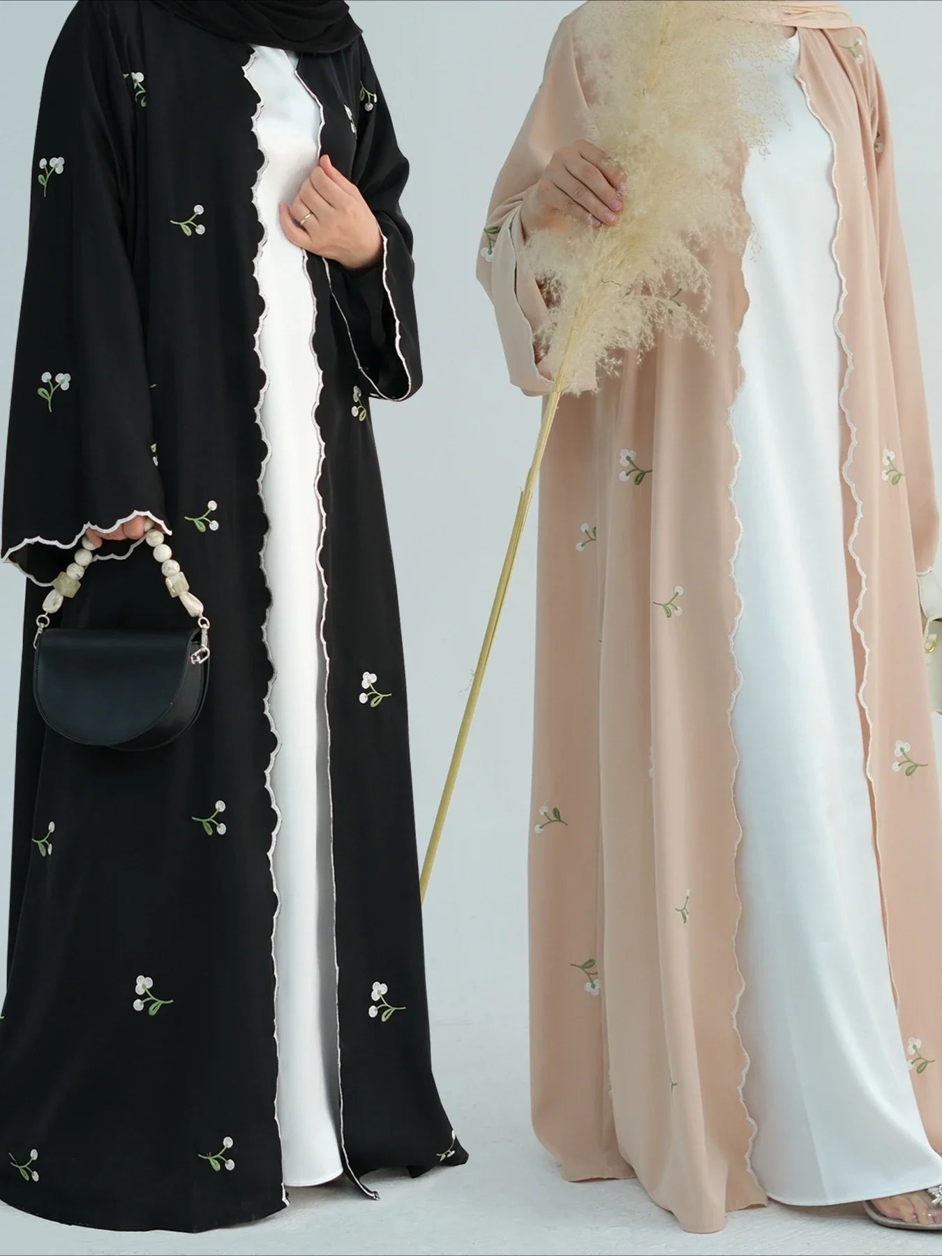 Embroidered Nida Open Abaya Cardigan - Ergosalah - Ergonomic padded prayer mat for knee support
