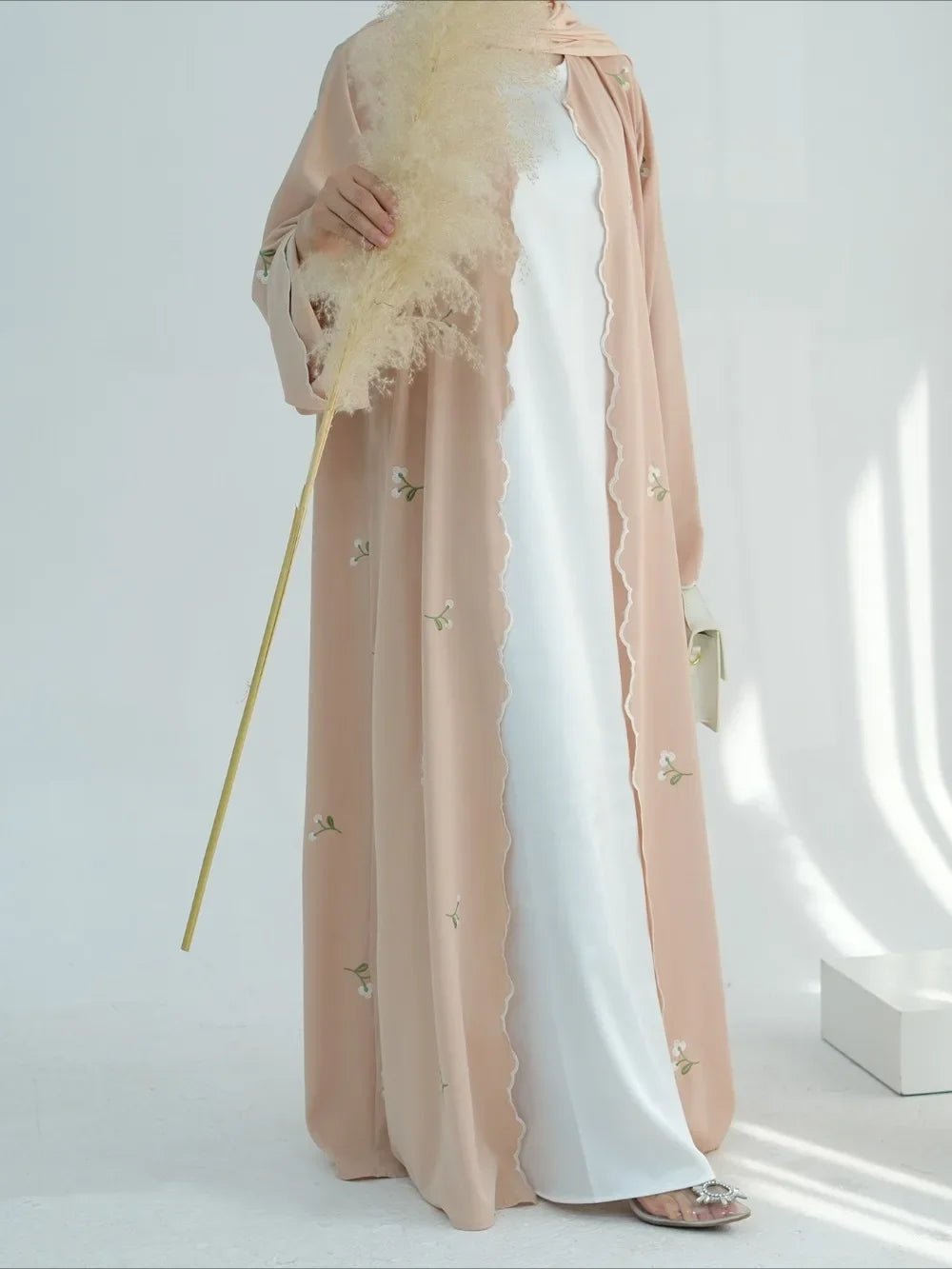 Embroidered Nida Open Abaya Cardigan - Ergosalah - Ergonomic padded prayer mat for knee support