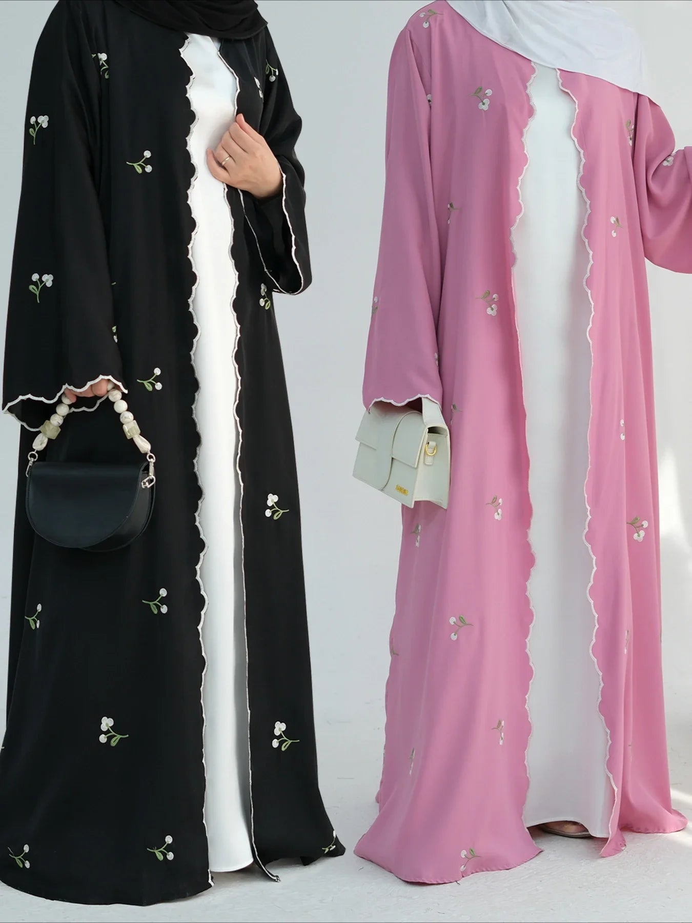 Embroidered Nida Open Abaya Cardigan - Ergosalah - Ergonomic padded prayer mat for knee support