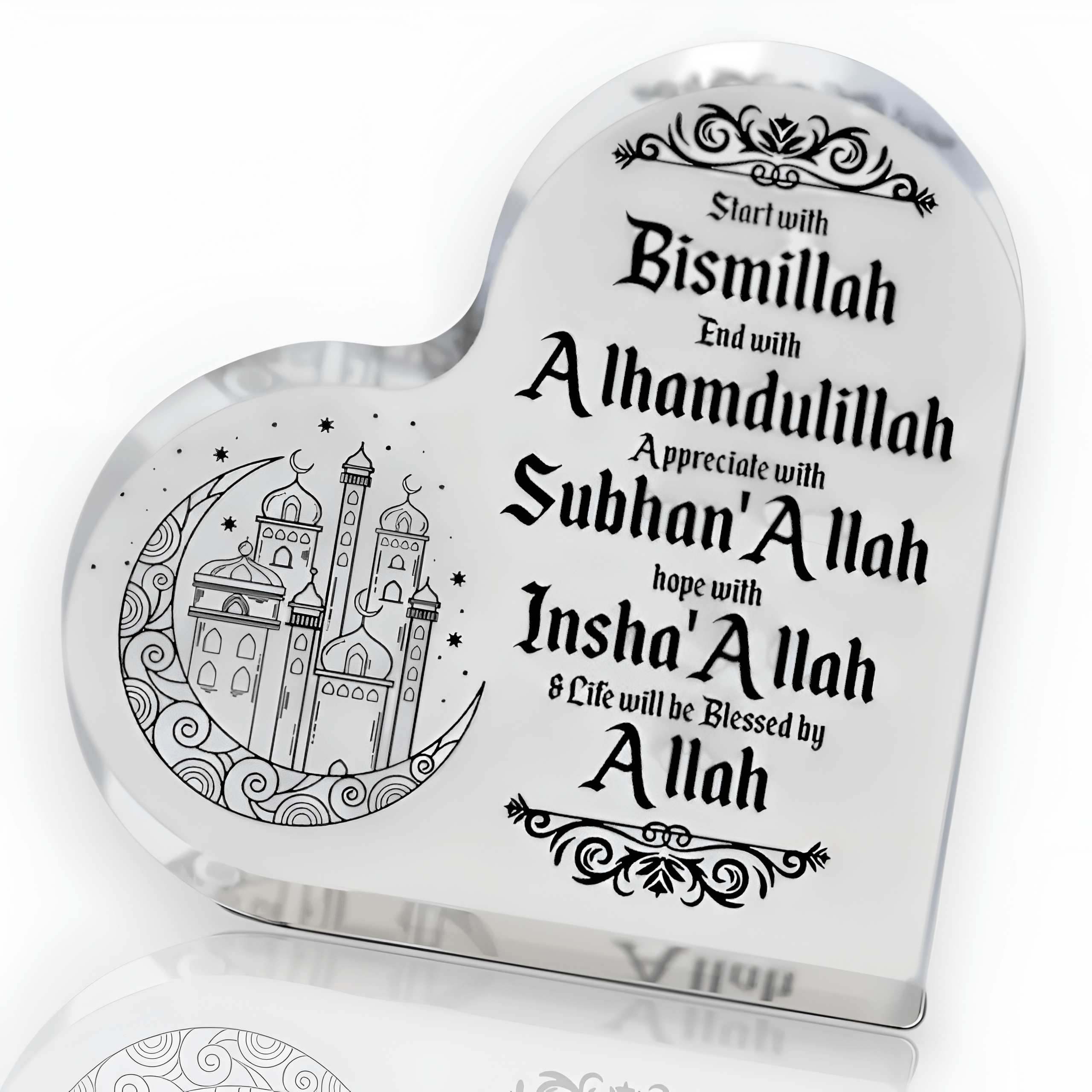 Islamic Heart Shaped Acrylic Ornament (10cmx10cm) – Home Decor & Gift - Ergosalah - Ergonomic padded prayer mat for knee support