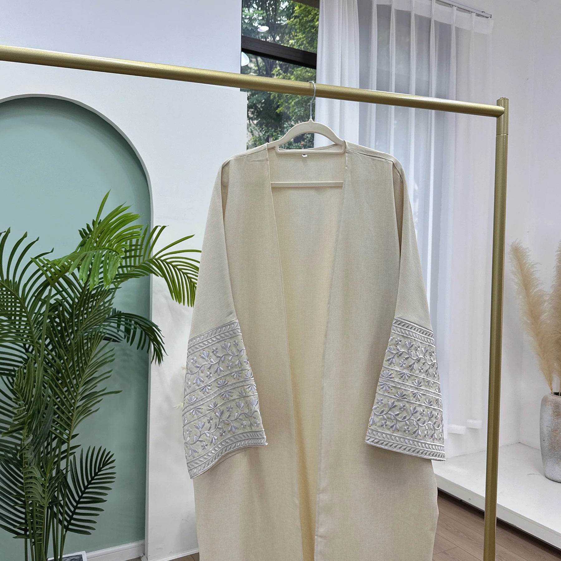 Open Linen Embroidered Abaya - Ergosalah - Ergonomic padded prayer mat for knee support