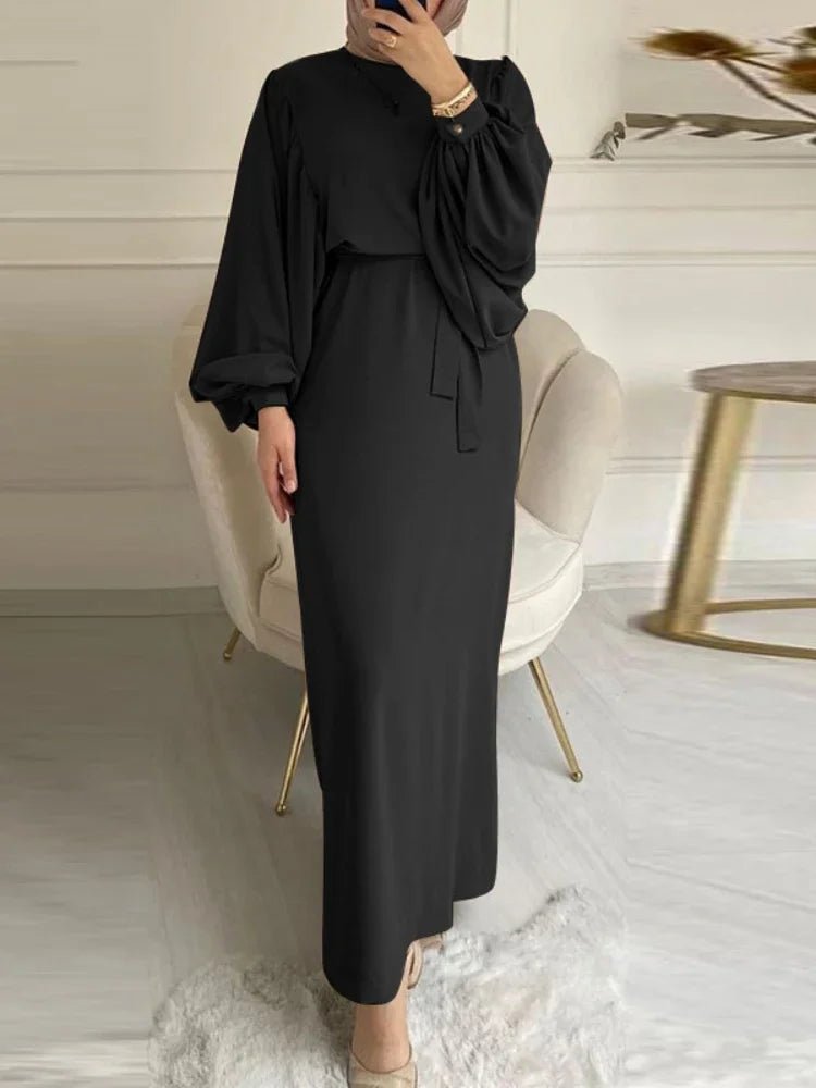 Puff Sleeve Belted Abaya - Ergosalah - Ergonomic padded prayer mat for knee support