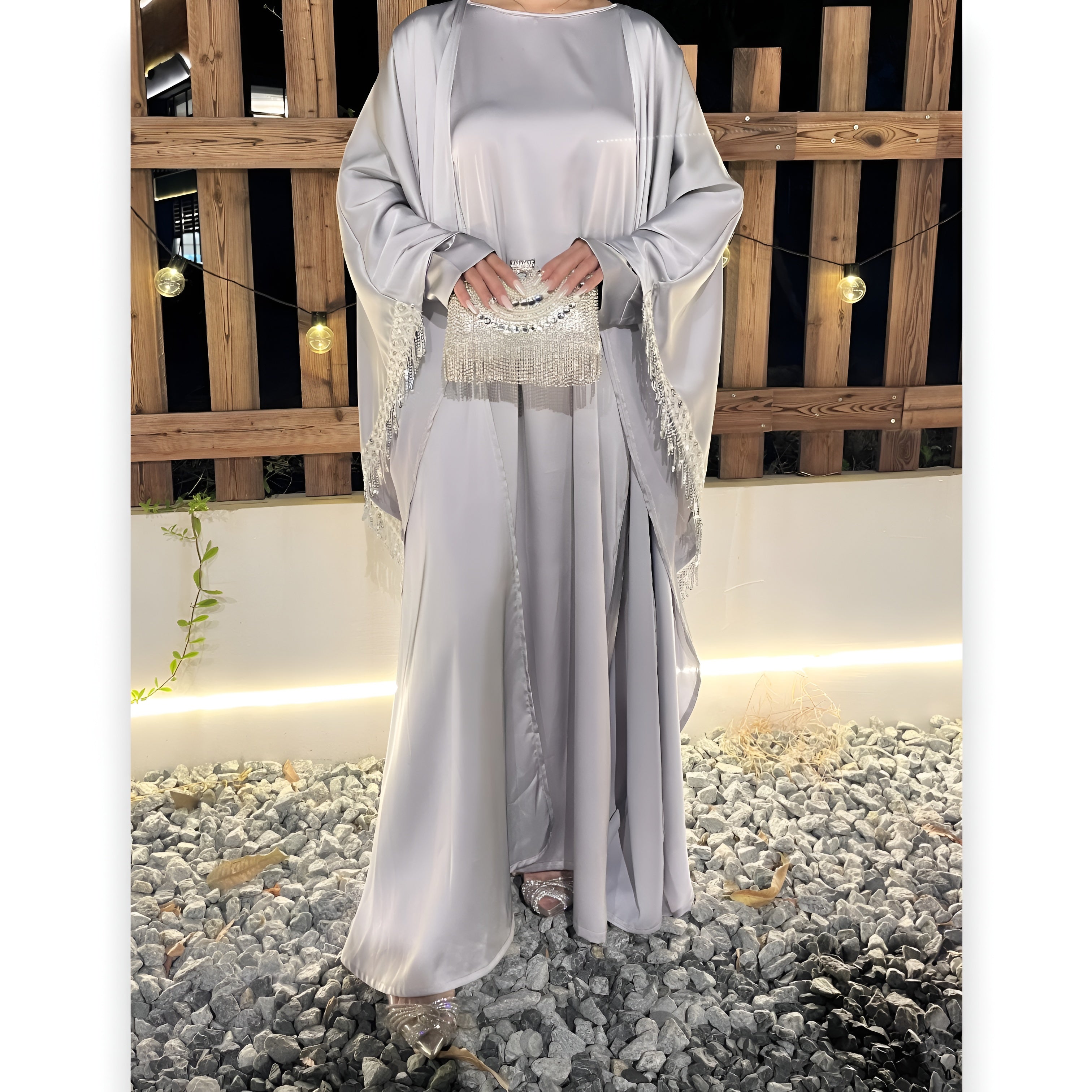 Satin Abaya Elegant Tassel Cape Dress - Ergosalah - Ergonomic padded prayer mat for knee support