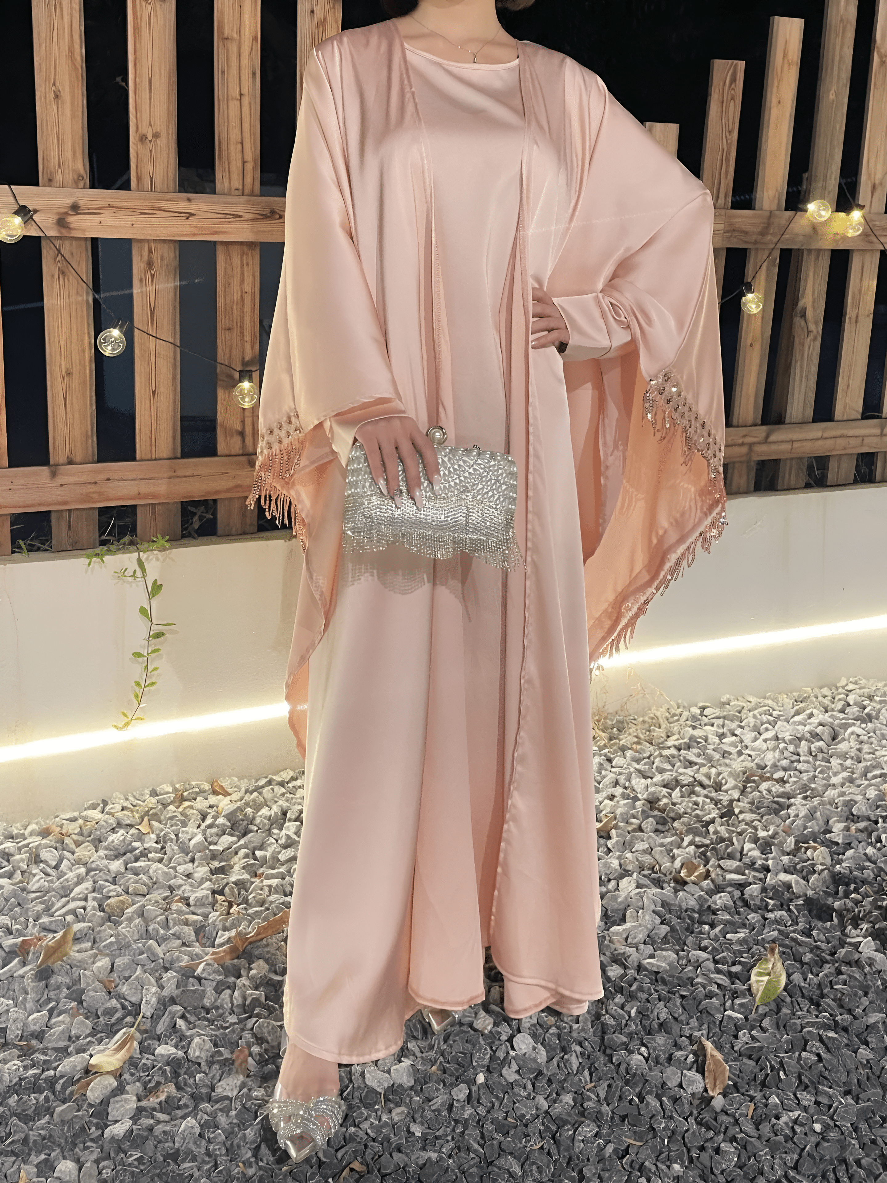 Satin Abaya Elegant Tassel Cape Dress - Ergosalah - Ergonomic padded prayer mat for knee support