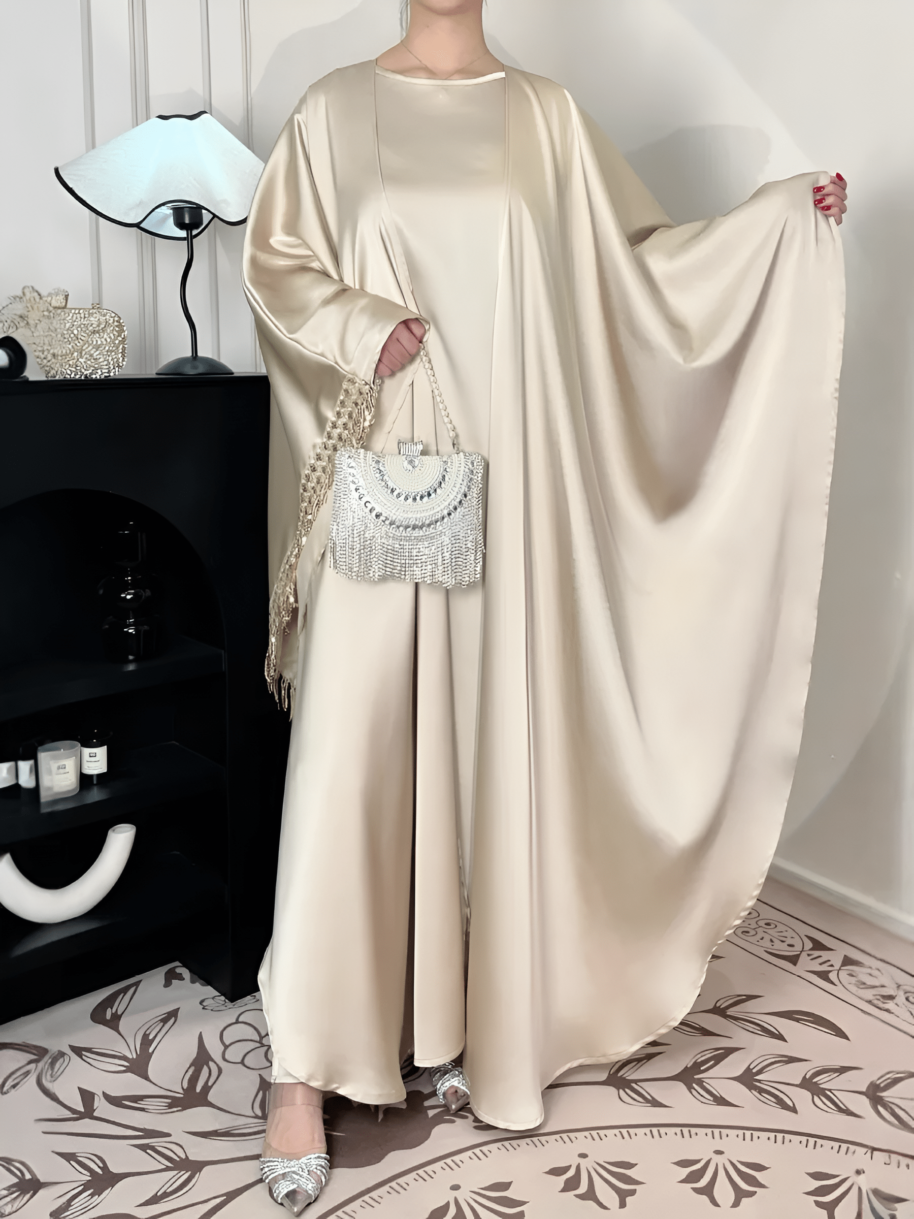 Satin Abaya Elegant Tassel Cape Dress - Ergosalah - Ergonomic padded prayer mat for knee support
