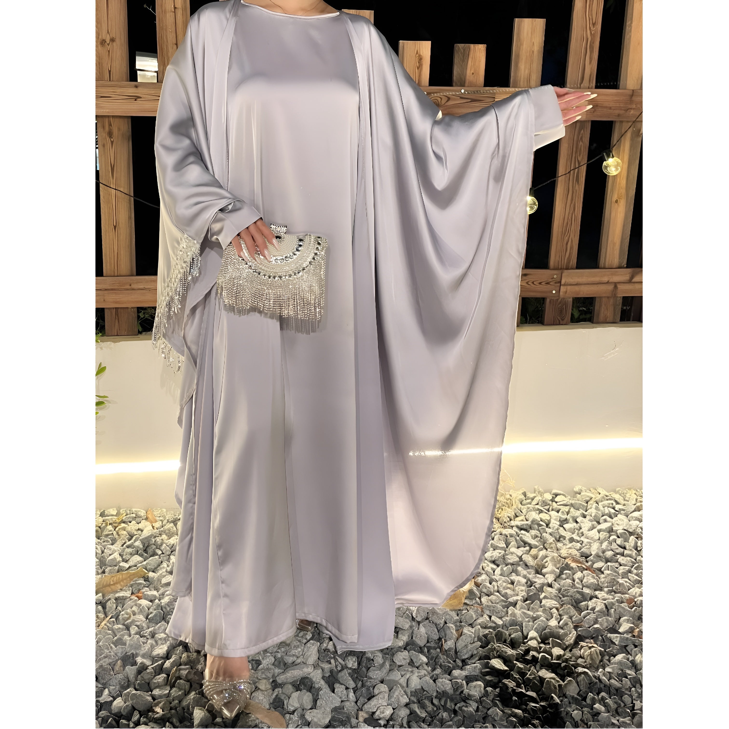 Satin Abaya Elegant Tassel Cape Dress - Ergosalah - Ergonomic padded prayer mat for knee support