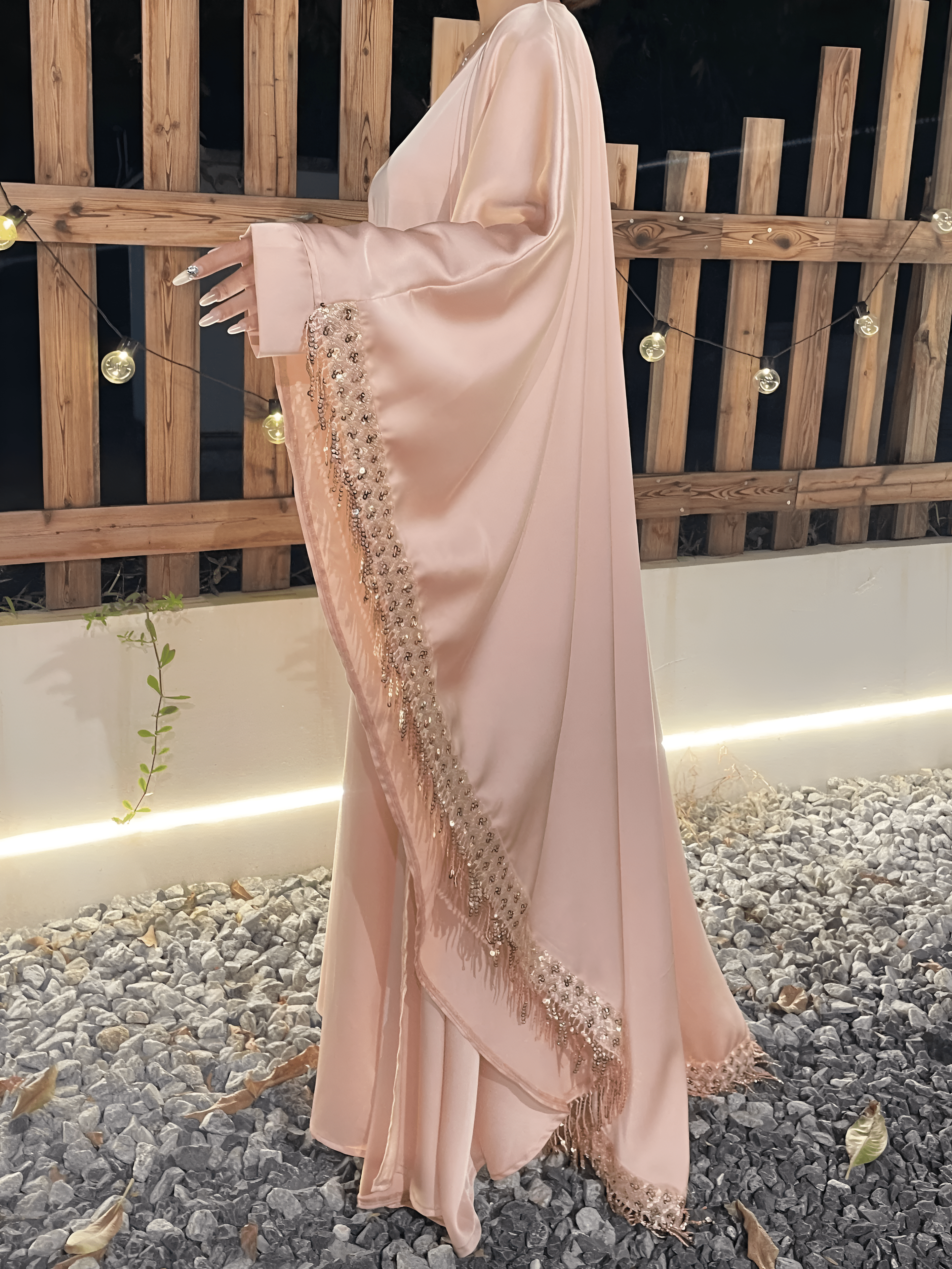 Satin Abaya Elegant Tassel Cape Dress - Ergosalah - Ergonomic padded prayer mat for knee support