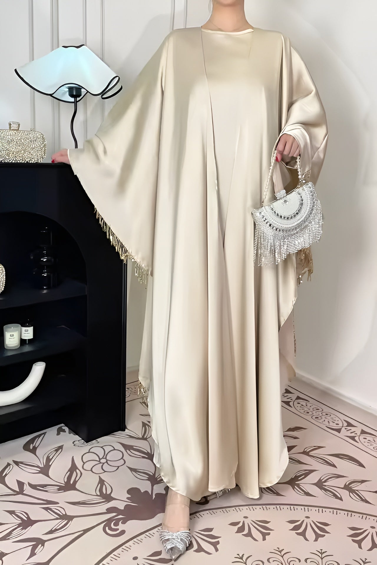 Satin Abaya Elegant Tassel Cape Dress - Ergosalah - Ergonomic padded prayer mat for knee support