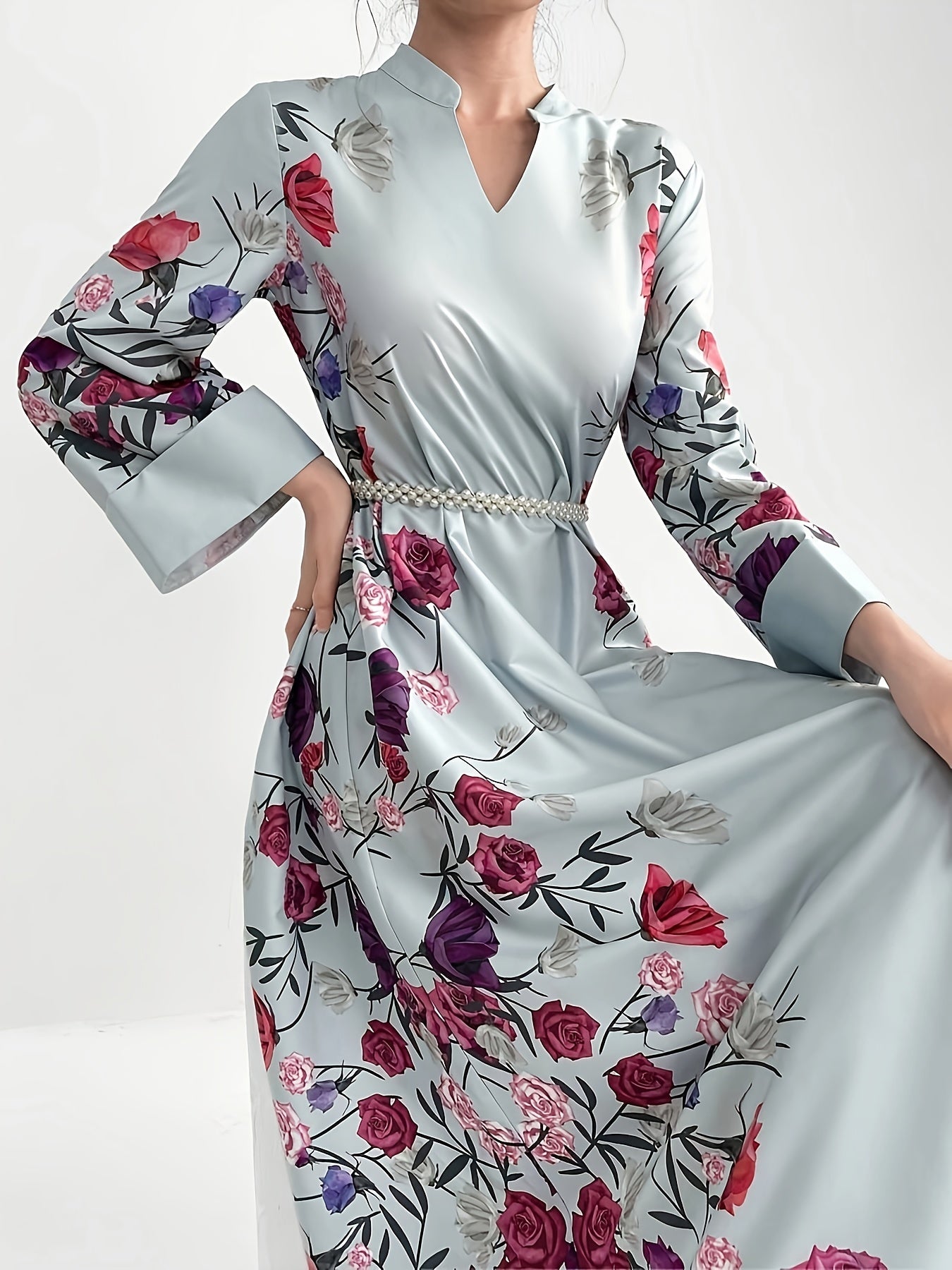 Siham - Waldorf Satin Dress with V - Neck & Belt - Ergosalah - Ergonomic padded prayer mat for knee support