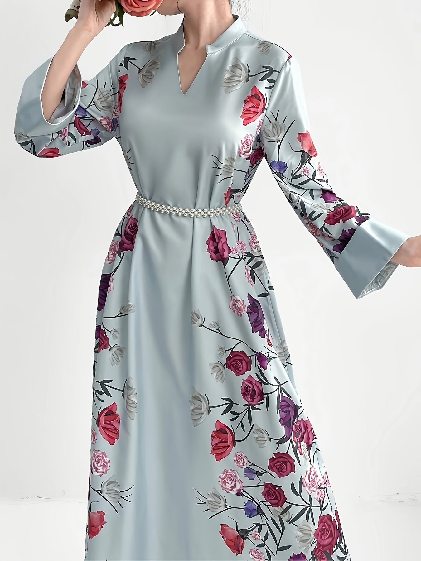 Siham - Waldorf Satin Dress with V - Neck & Belt - Ergosalah - Ergonomic padded prayer mat for knee support