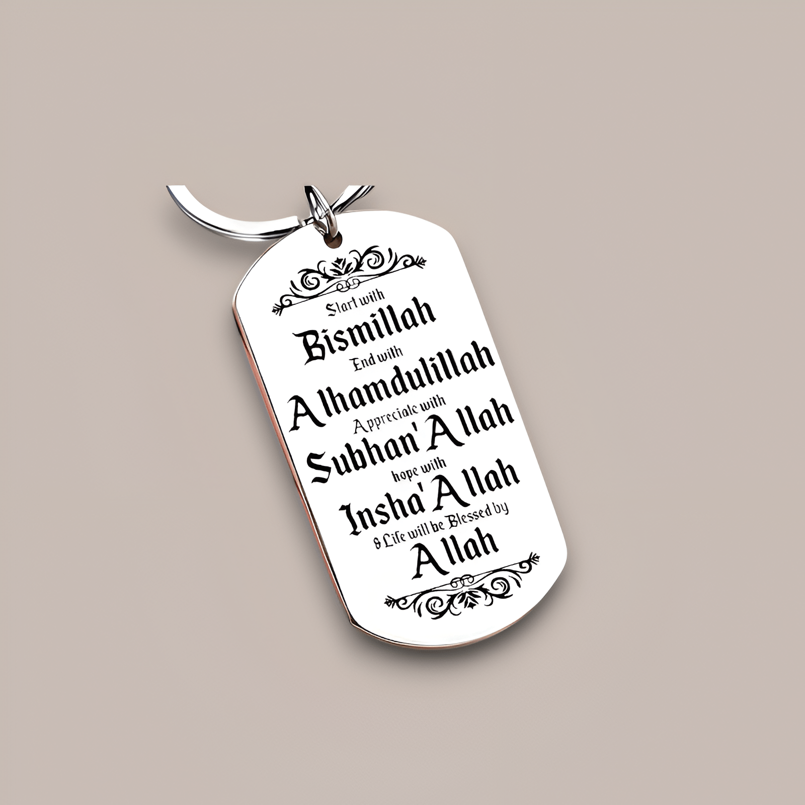 Start with Bismillah Stainless Steel Keychain - Ergosalah - Ergonomic padded prayer mat for knee support